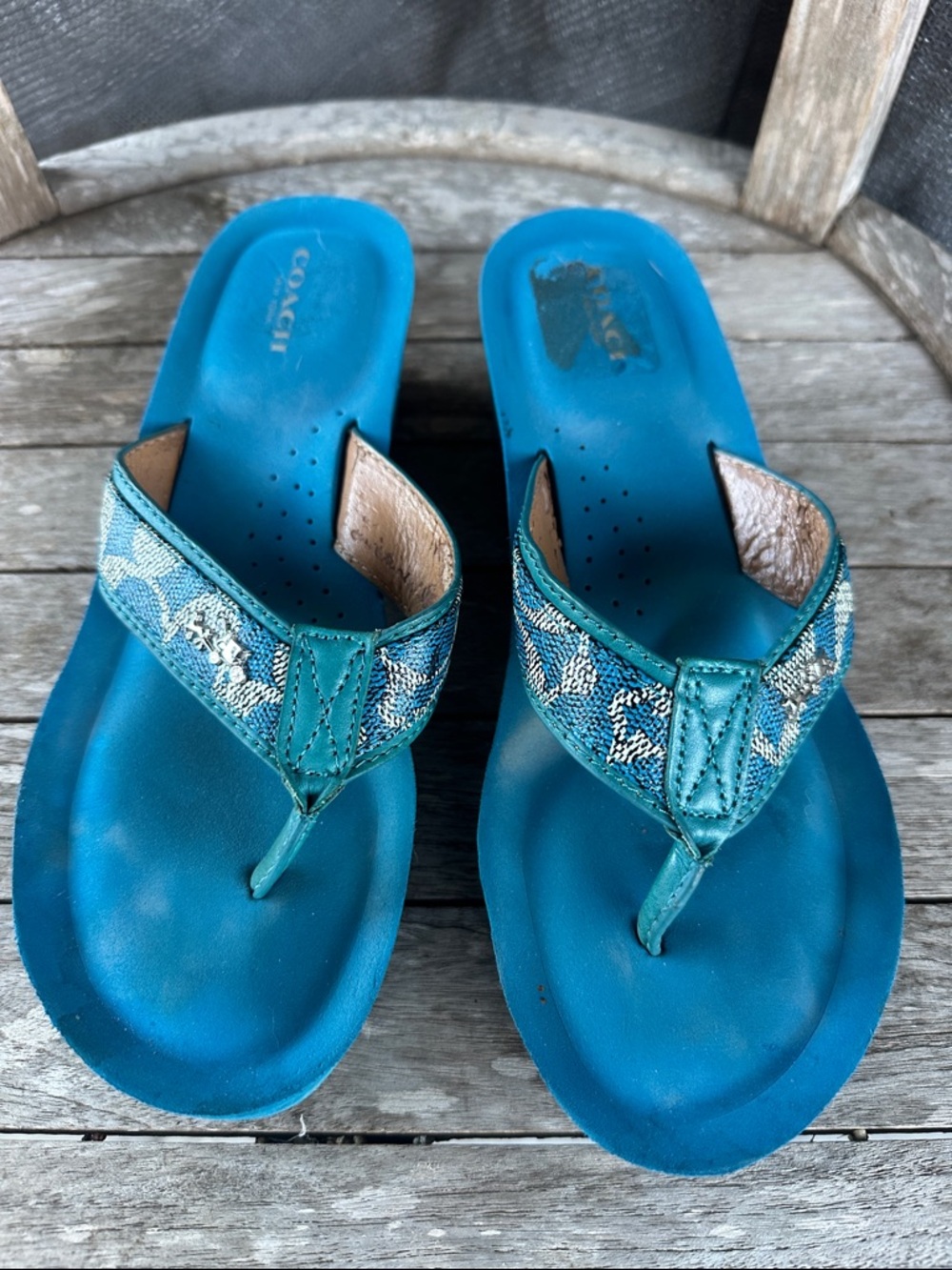 Coach Teal Women's Jacquard Thong Sandals 8 1/2